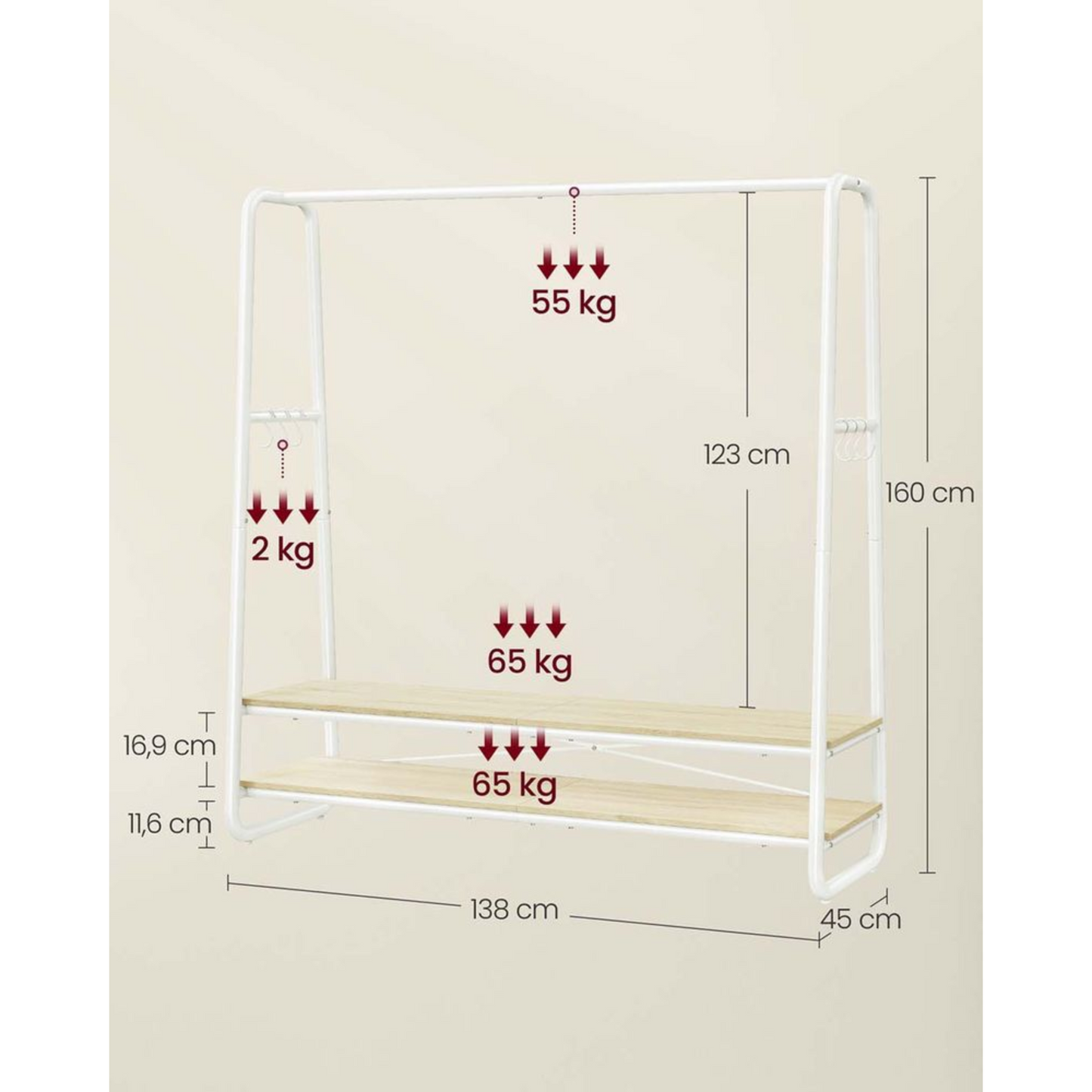 Premium Stahl Kleiderständer 200kg – Jonas - Stehend mit 2 Holzablagen
