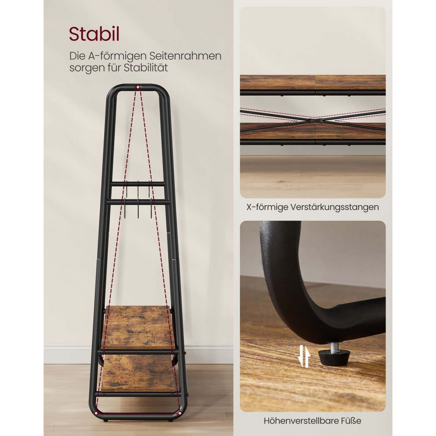 Premium Stahl Kleiderständer 200kg – Jonas - Stehend mit 2 Holzablagen