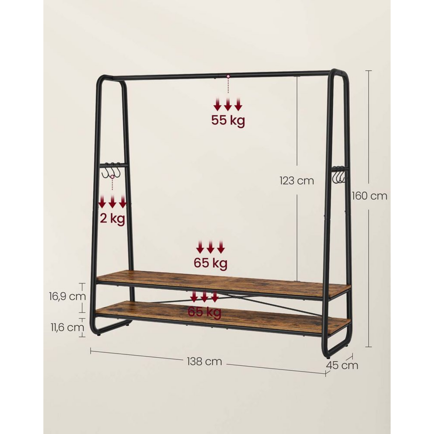 Premium Stahl Kleiderständer 200kg – Jonas - Stehend mit 2 Holzablagen
