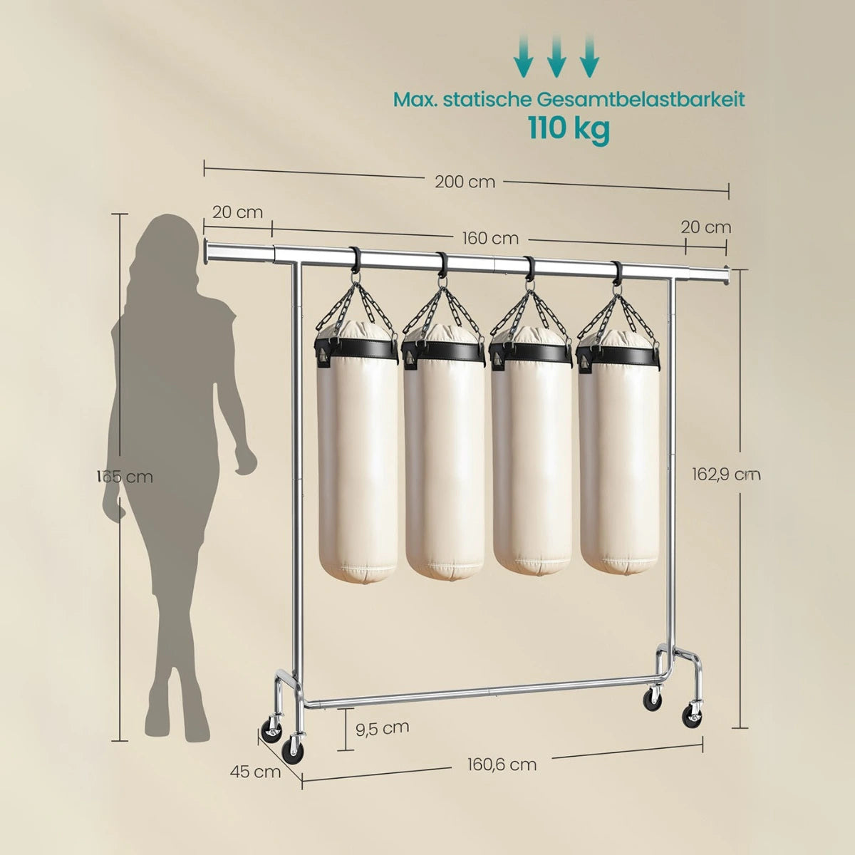 Schwerlast-Kleiderständer 45 x (160-200) x 162,9 cm – Max - Ausziehbar mit Rollen
