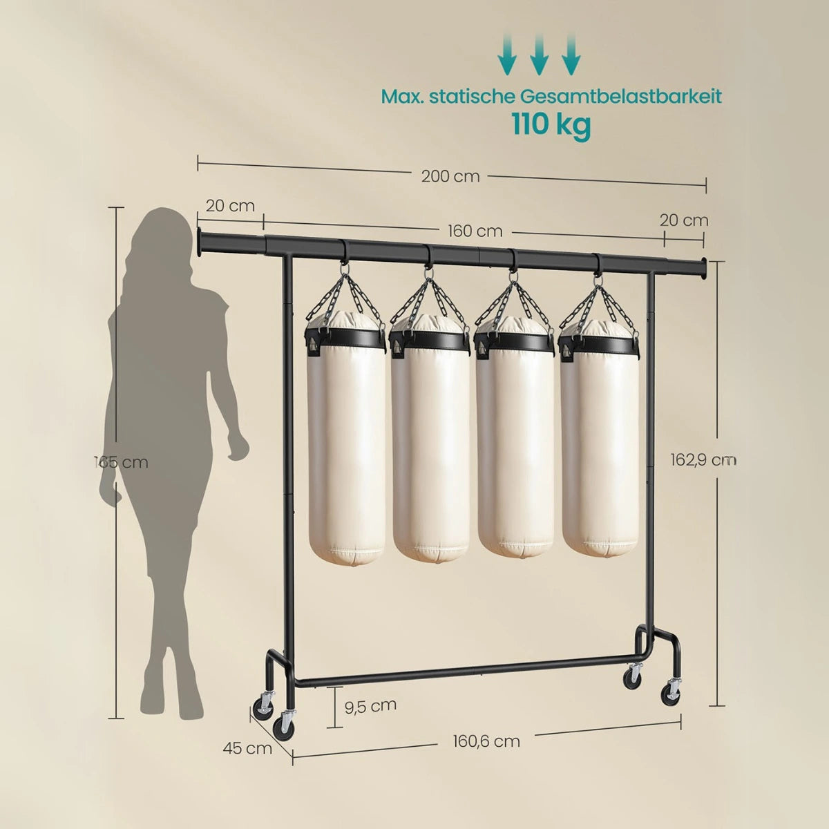 Schwerlast-Kleiderständer 45 x (160-200) x 162,9 cm – Max - Ausziehbar mit Rollen
