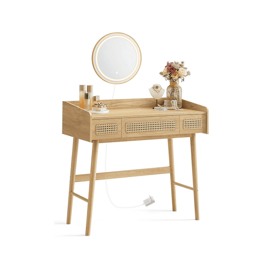 Boho Schminktisch - Liora - mit LED - Spiegel & Schubladen, Eichenbeige - nestful