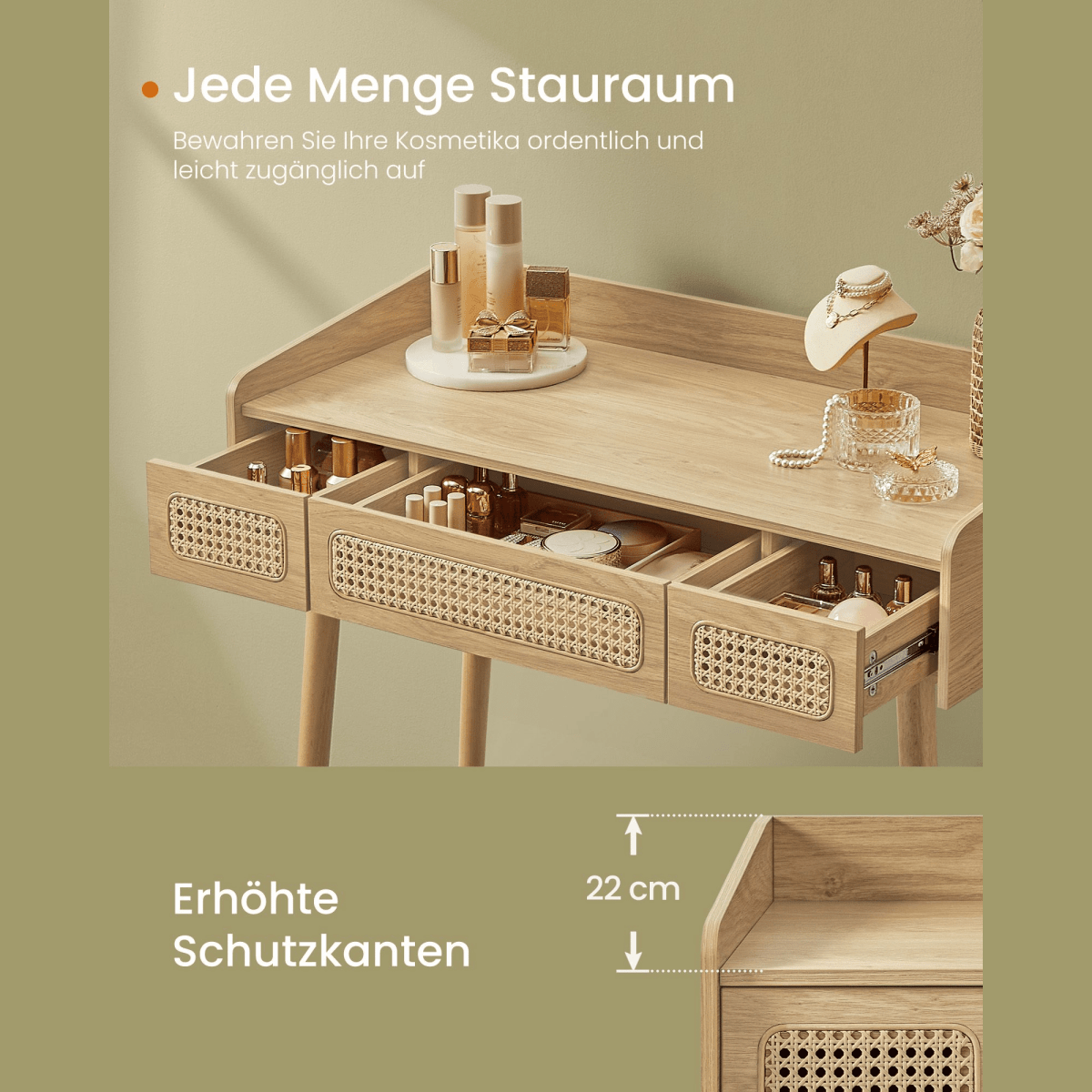 Boho Schminktisch - Liora - mit LED - Spiegel & Schubladen, Eichenbeige - nestful