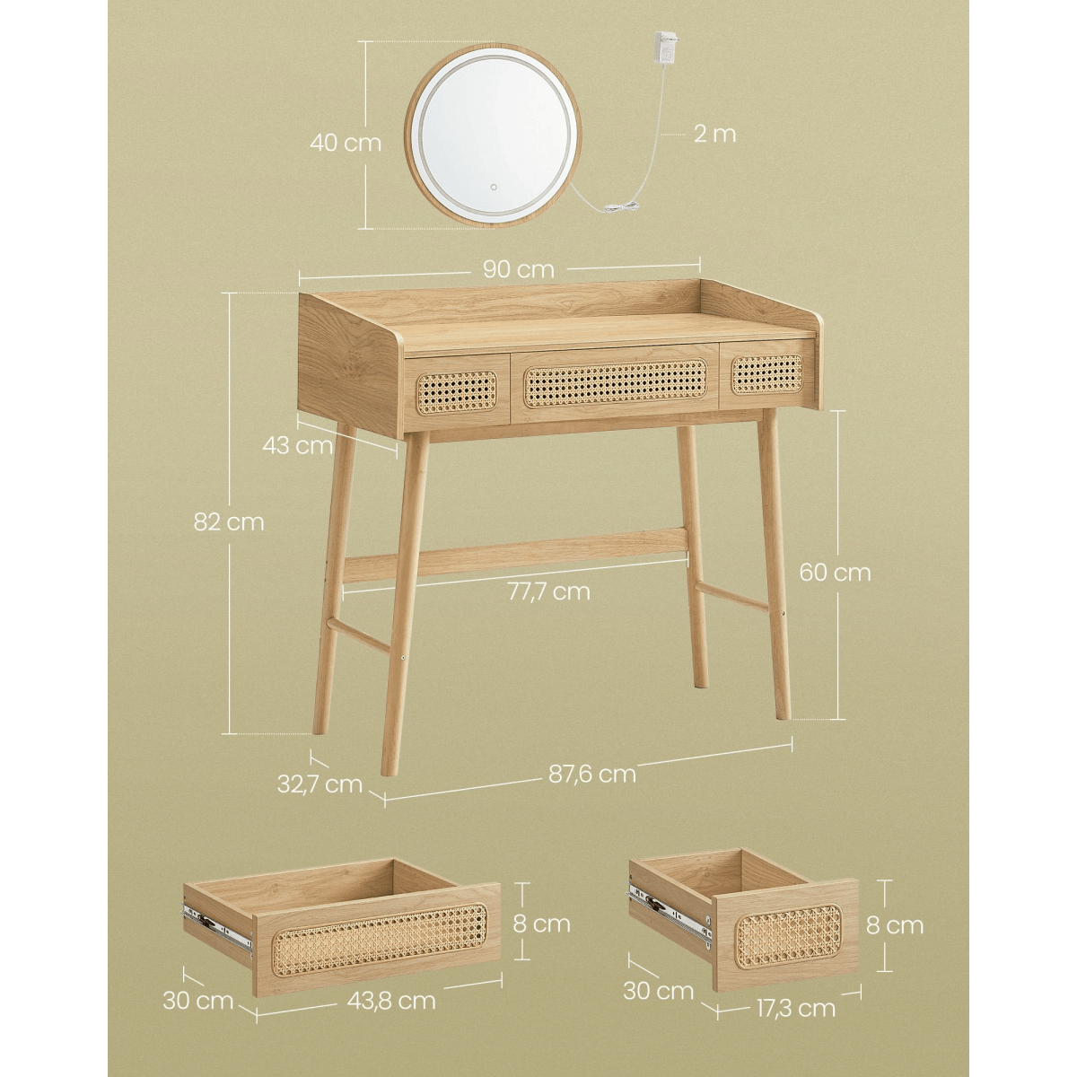 Boho Schminktisch - Liora - mit LED - Spiegel & Schubladen, Eichenbeige - nestful