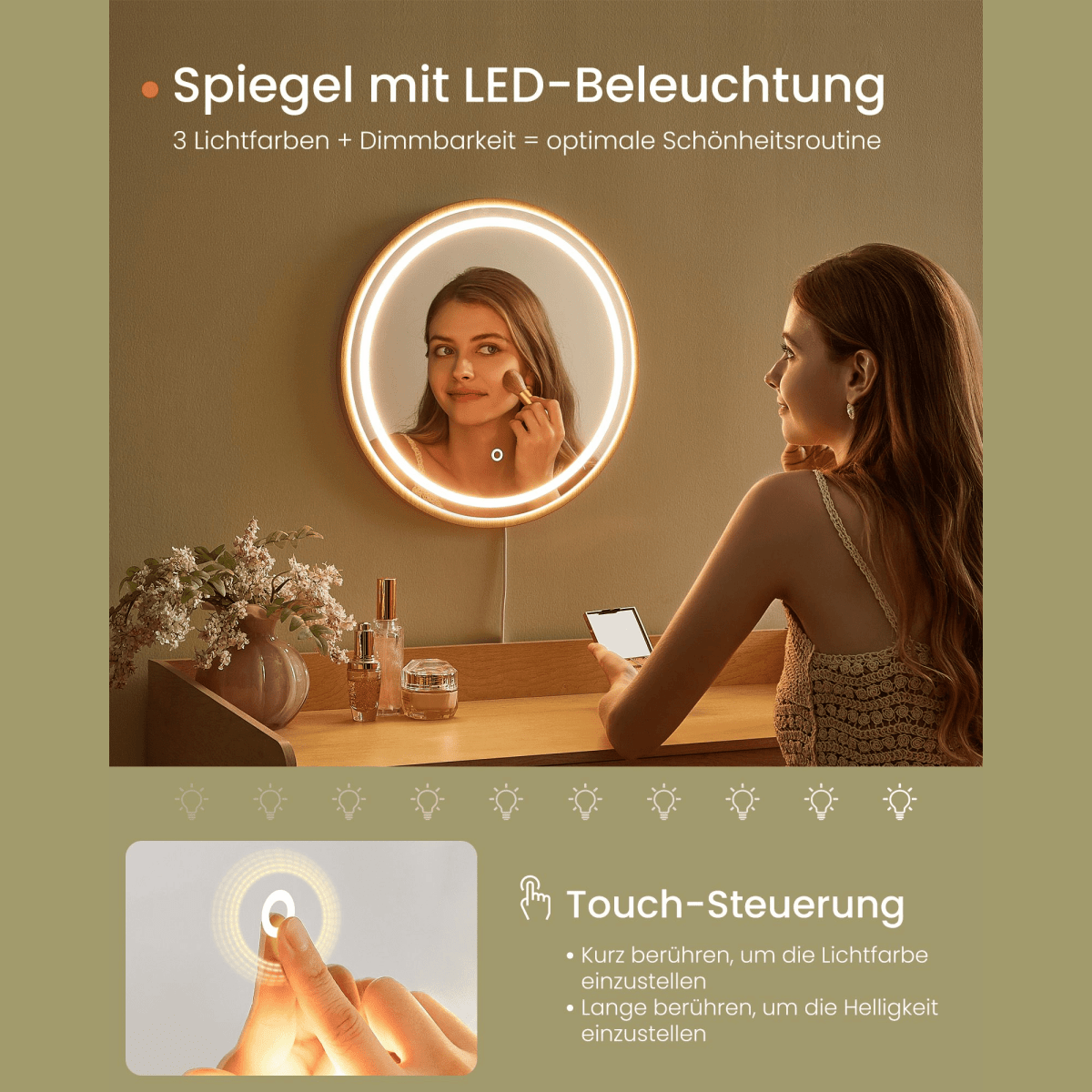 Boho Schminktisch - Liora - mit LED - Spiegel & Schubladen, Eichenbeige - nestful