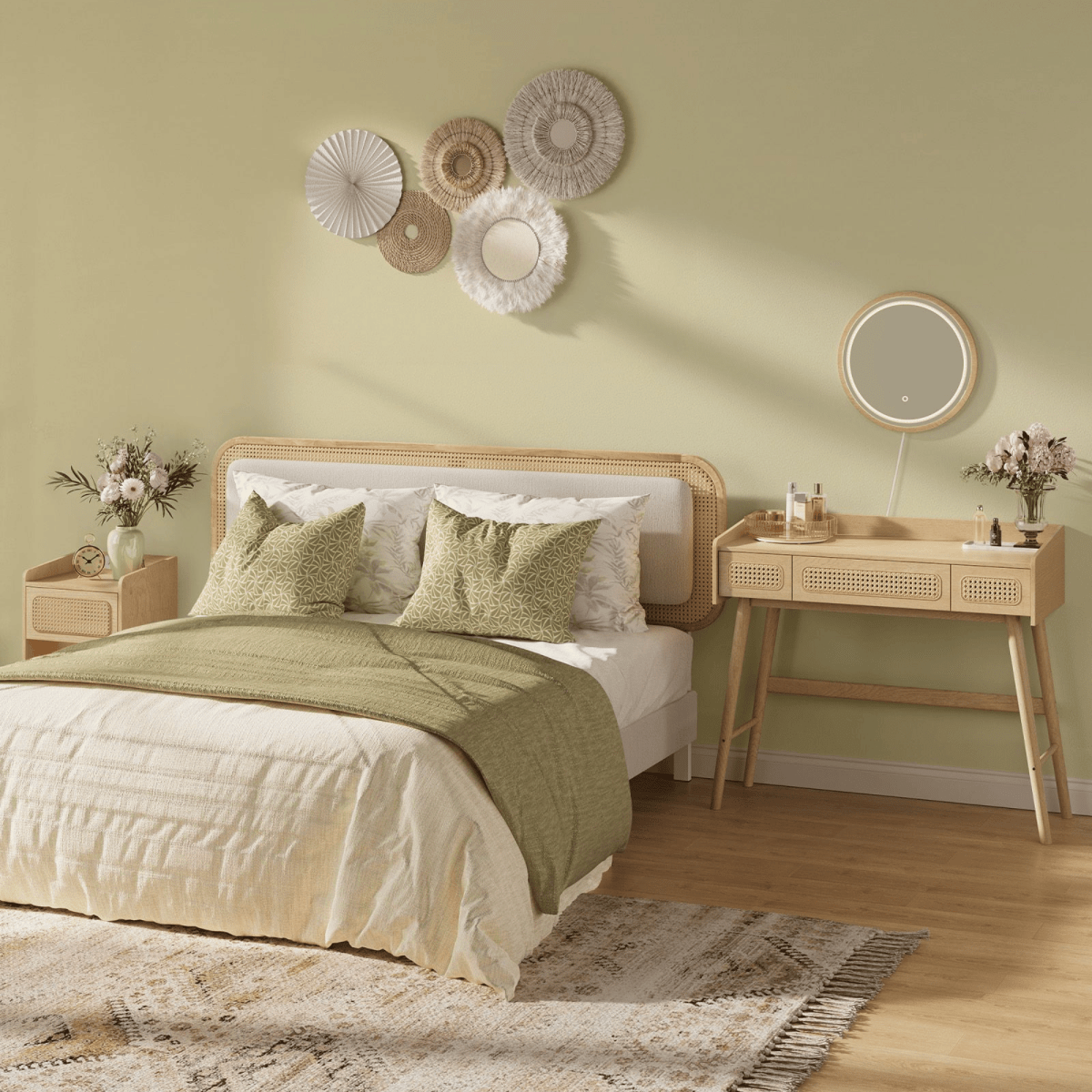 Boho Schminktisch - Liora - mit LED - Spiegel & Schubladen, Eichenbeige - nestful