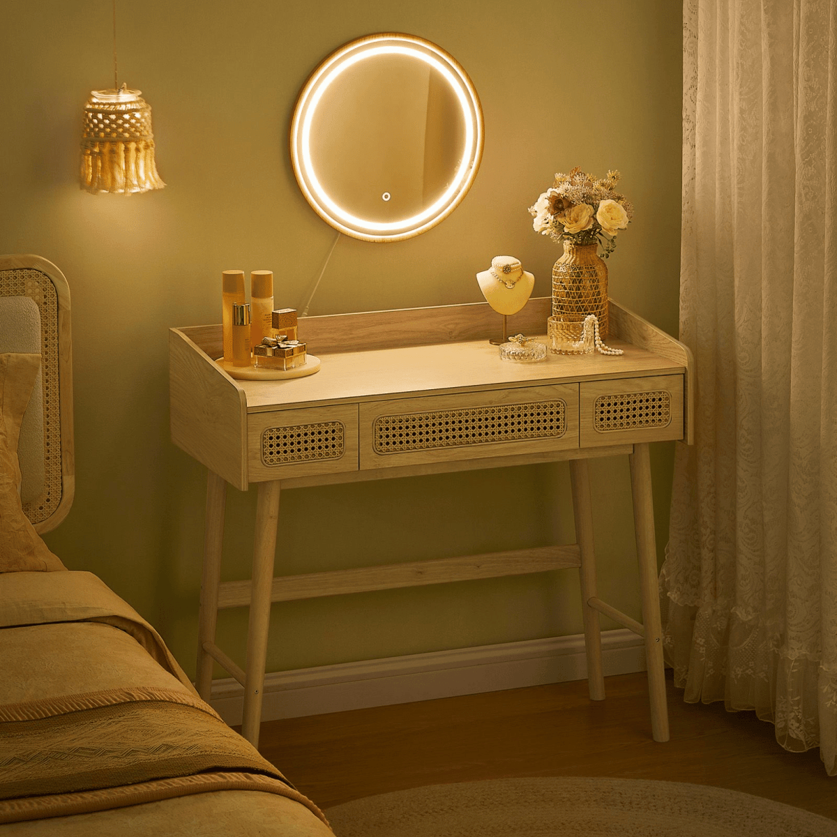 Boho Schminktisch - Liora - mit LED - Spiegel & Schubladen, Eichenbeige - nestful