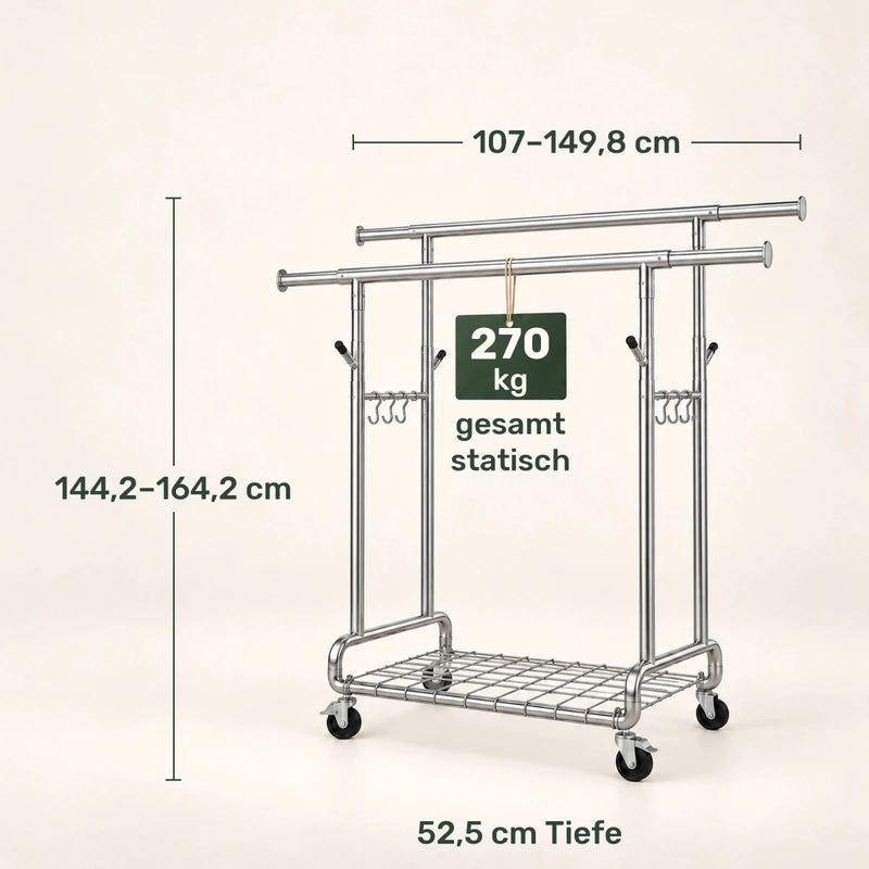 Doppel-Kleiderständer auf Rollen Lena – 270 kg, ausziehbar mit Ablage - nestful