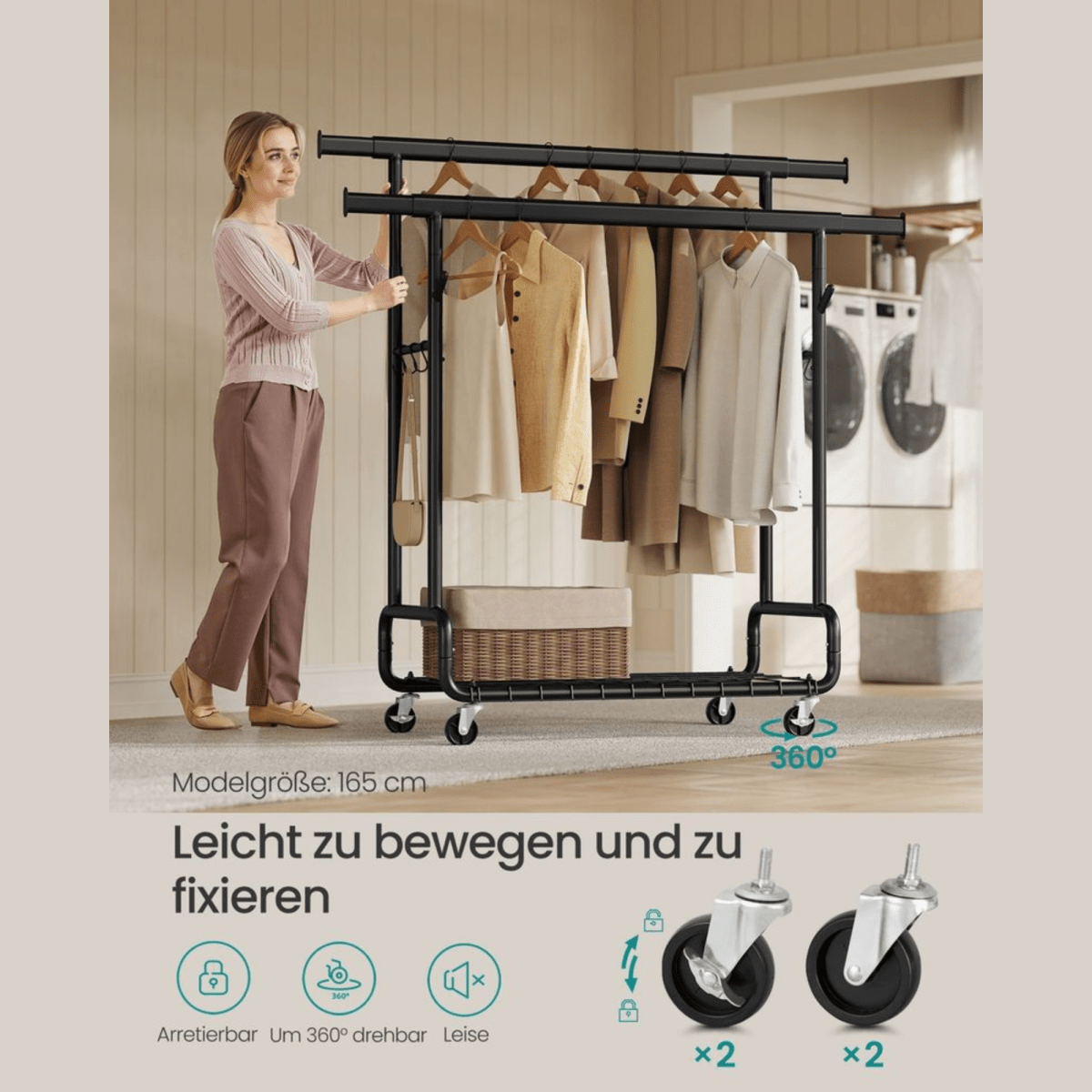 Doppel - Kleiderständer 270kg – Lena - Ausziehbar mit Rollen & Ablage - nestful