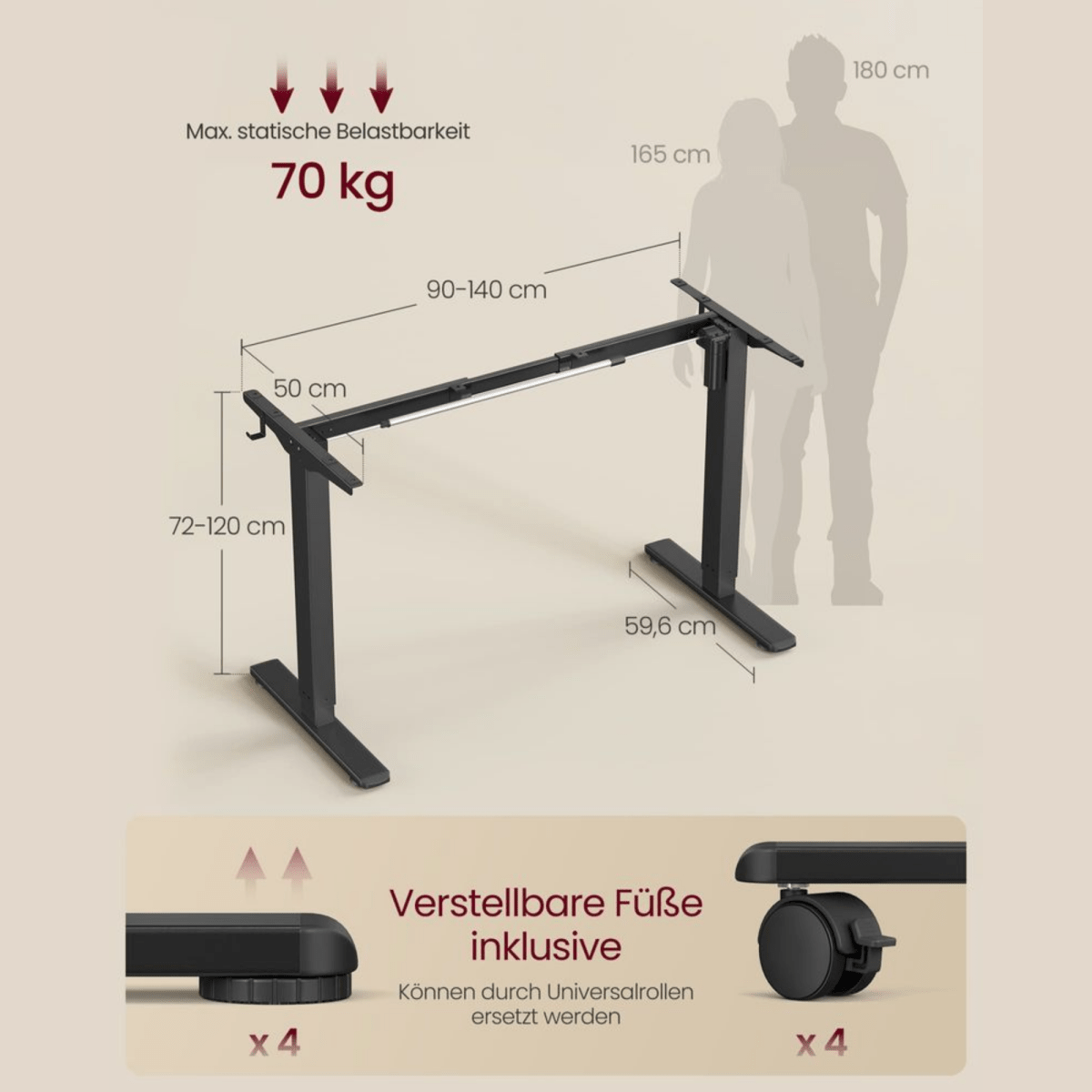 Elektrisches Schreibtischgestell höhenverstellbar 90–140 cm – Arvo – Memory & Rollen - nestful