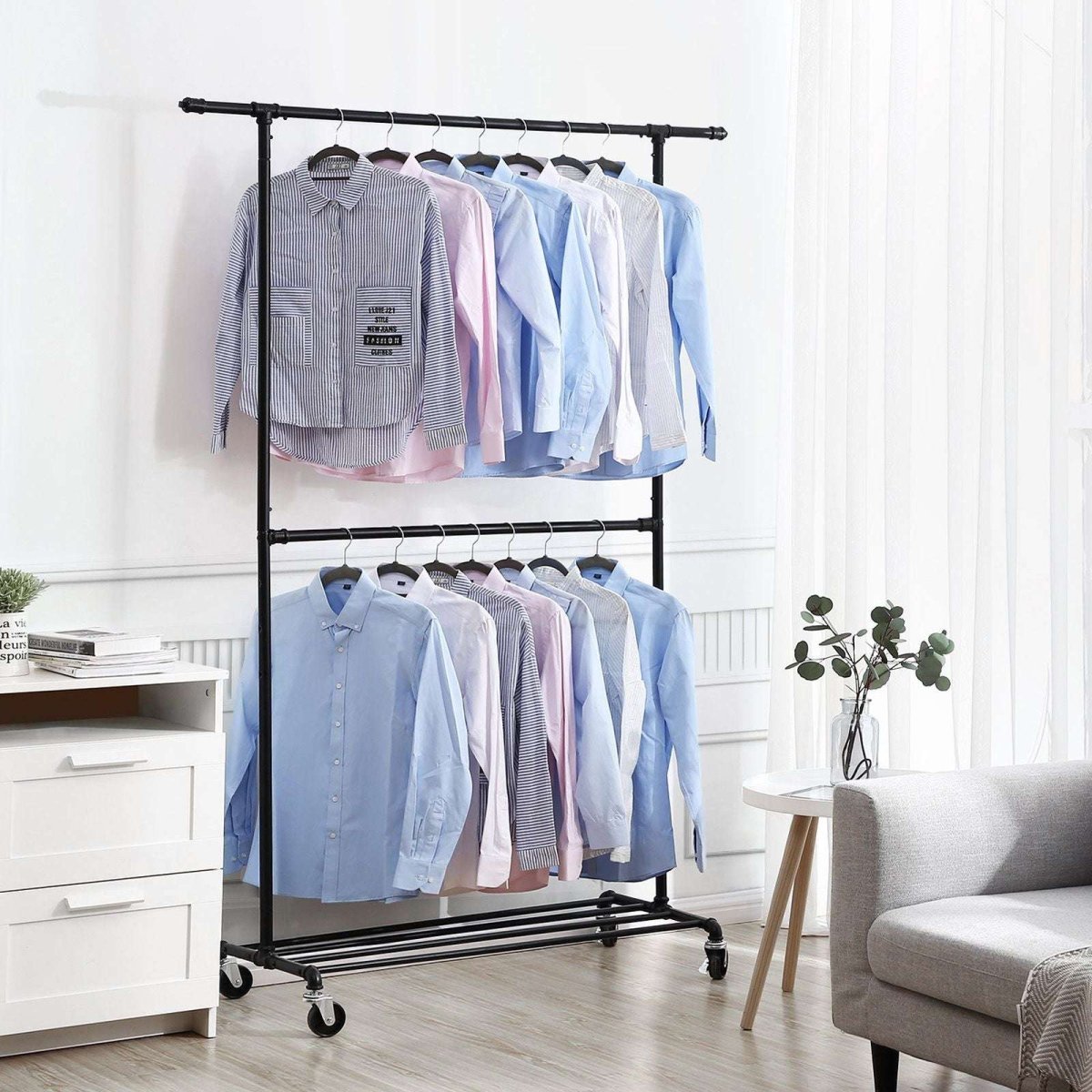 Industriestil Kleiderständer 110kg – Noah - Wasserrohr - Optik mit Rollen - nestful