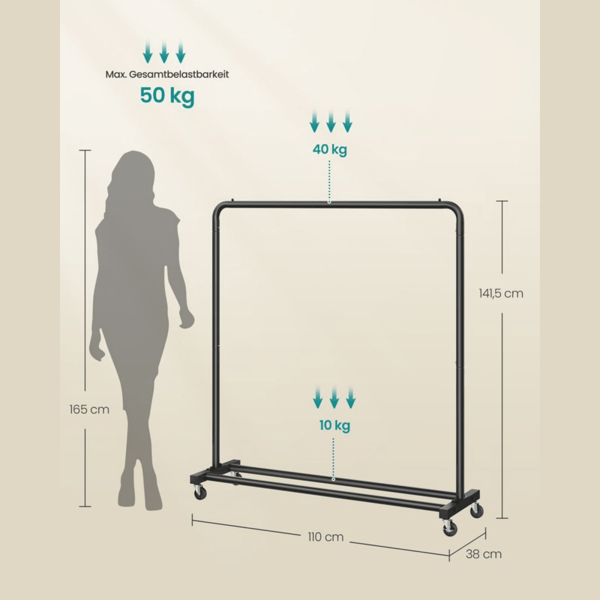Kleiderständer mit Rollen 50kg – Luis– Minimalistisch & Mobil in Schwarz - nestful