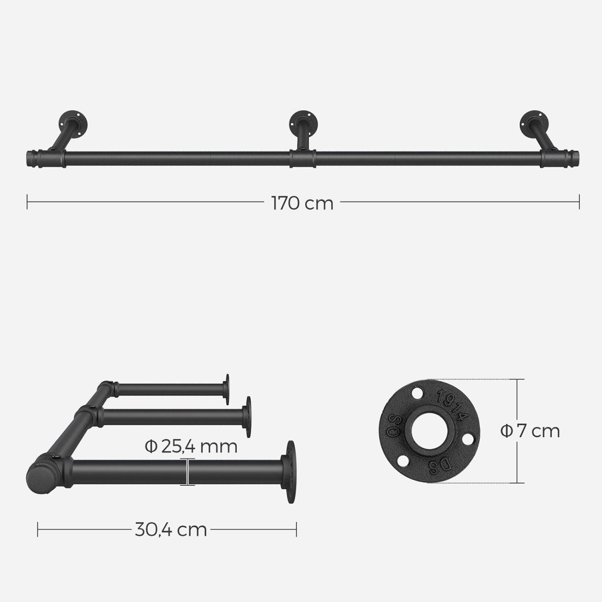 Kleiderstange für die Wand 70kg – Sam - Industriestil, Wasserrohr - Optik - nestful