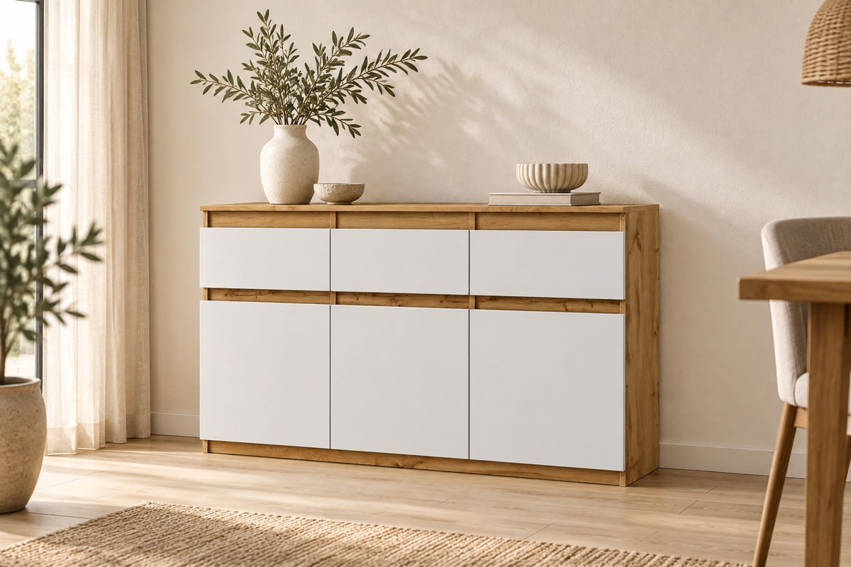 NOAH Sideboard mit Wotan-Eiche-Korpus und weißen Fronten in einem hellen Esszimmer
