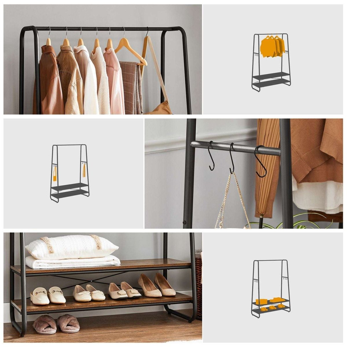 Premium Stahl Kleiderständer 130kg – Michael - Stehend mit 2 Holzablagen - nestful
