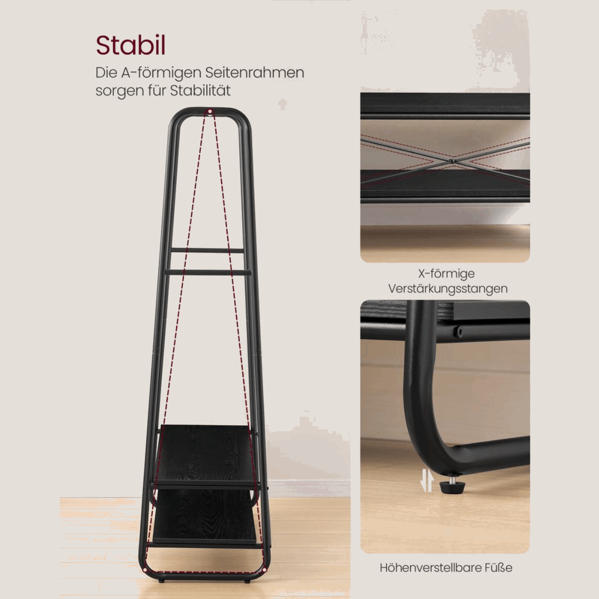 Premium Stahl Kleiderständer 130kg – Michael - Stehend mit 2 Holzablagen - nestful