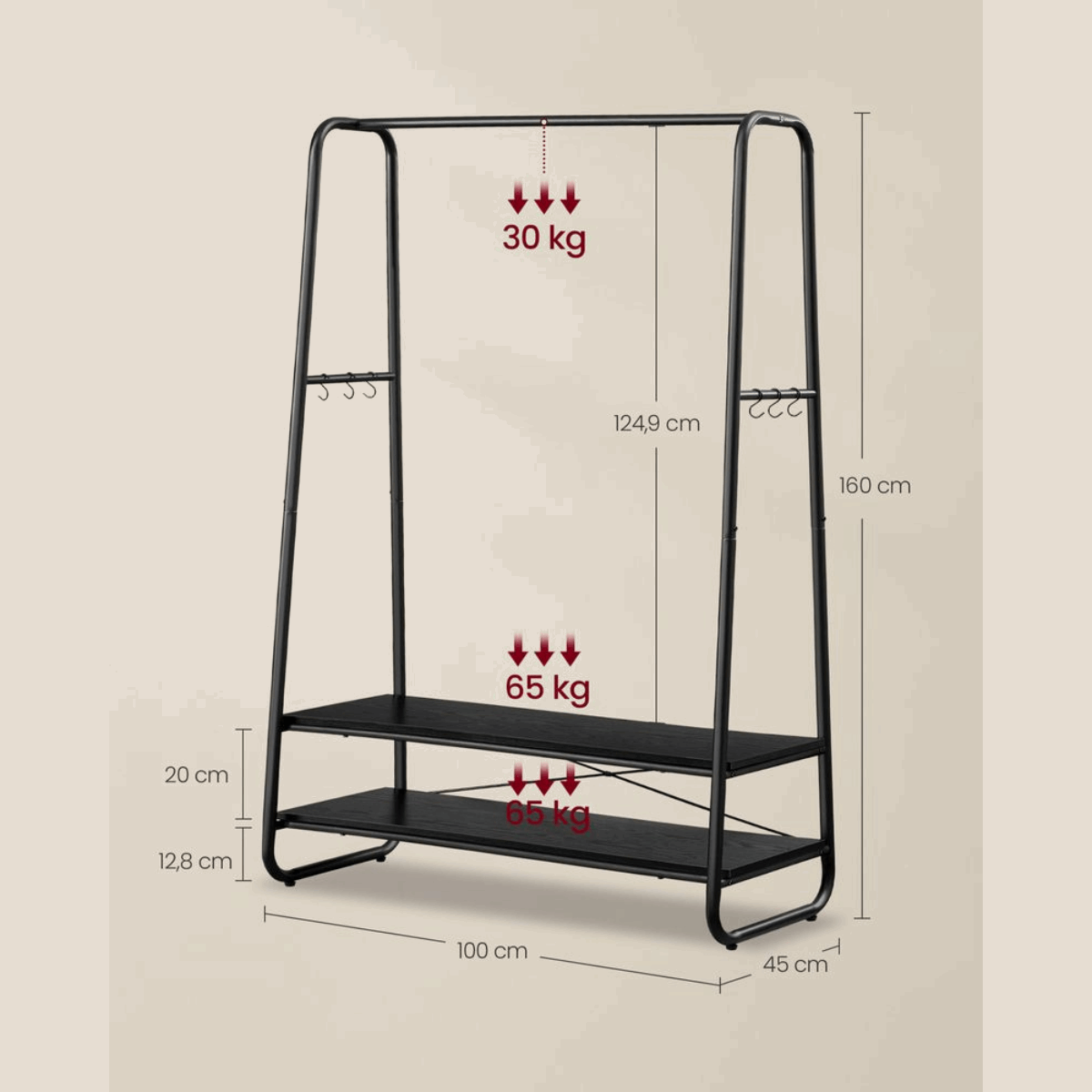 Premium Stahl Kleiderständer 130kg – Michael - Stehend mit 2 Holzablagen - nestful