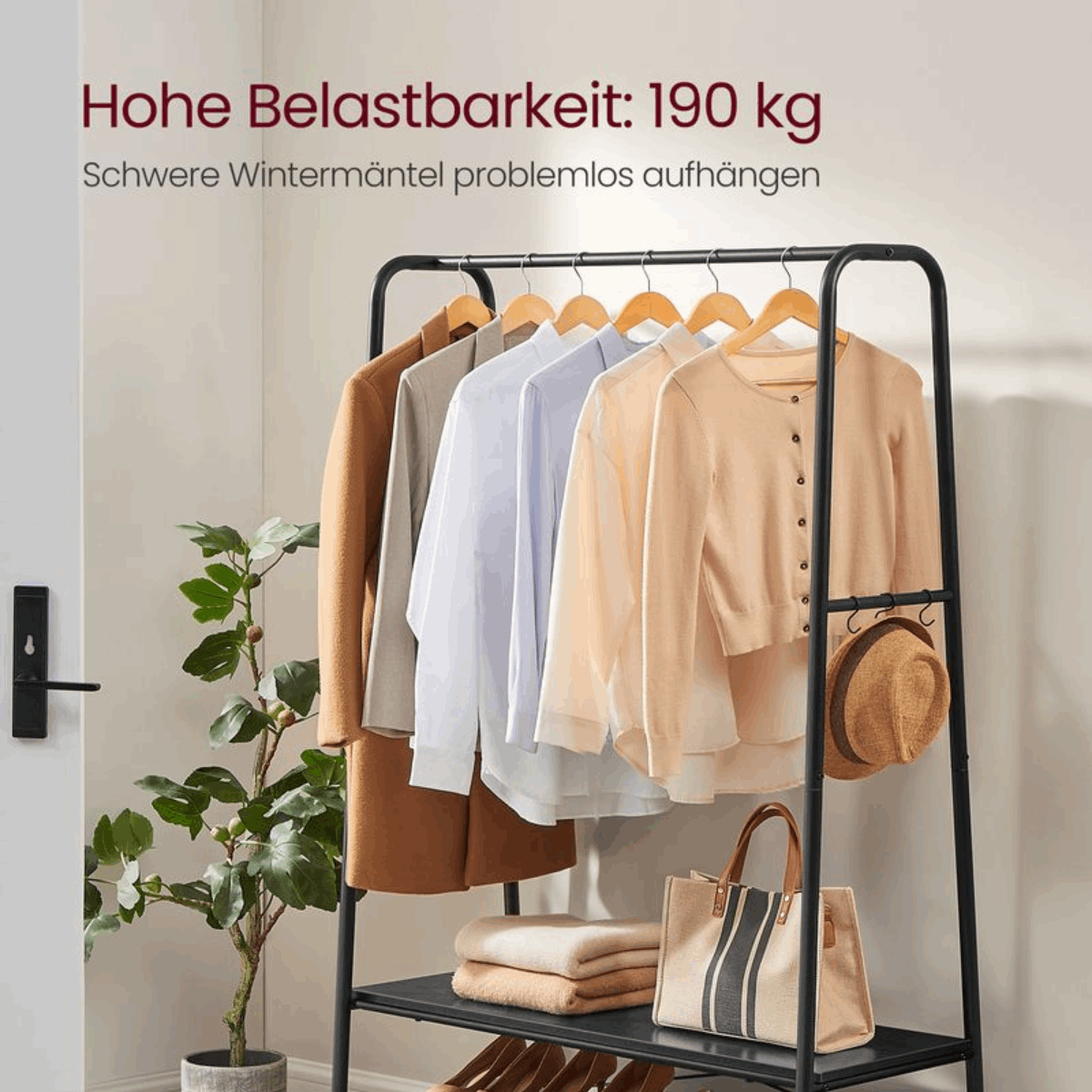Premium Stahl Kleiderständer 130kg – Michael - Stehend mit 2 Holzablagen - nestful