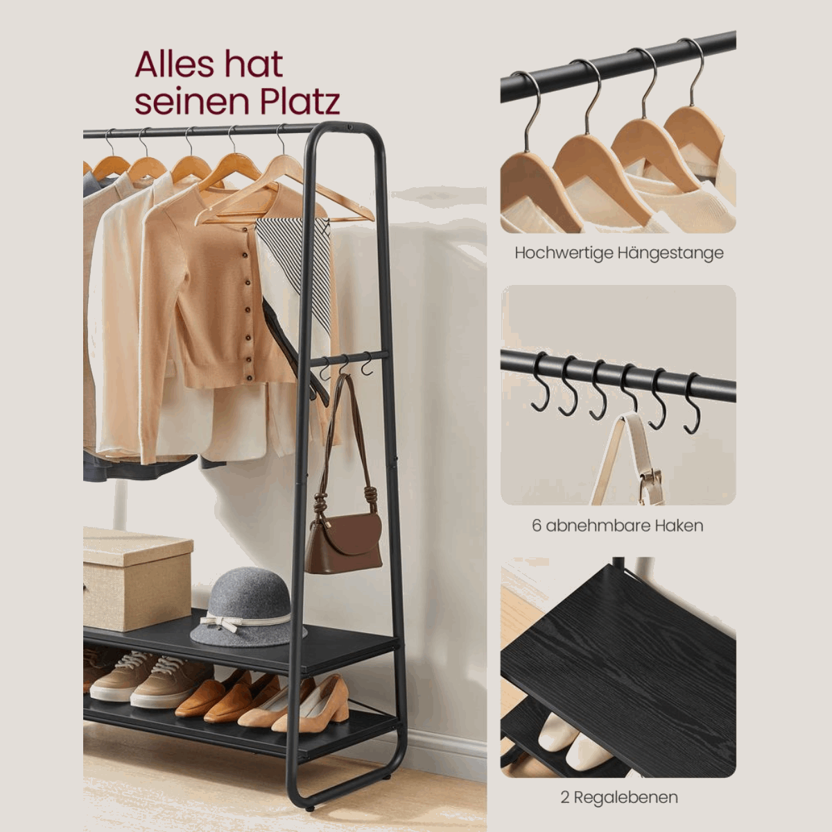 Premium Stahl Kleiderständer 130kg – Michael - Stehend mit 2 Holzablagen - nestful