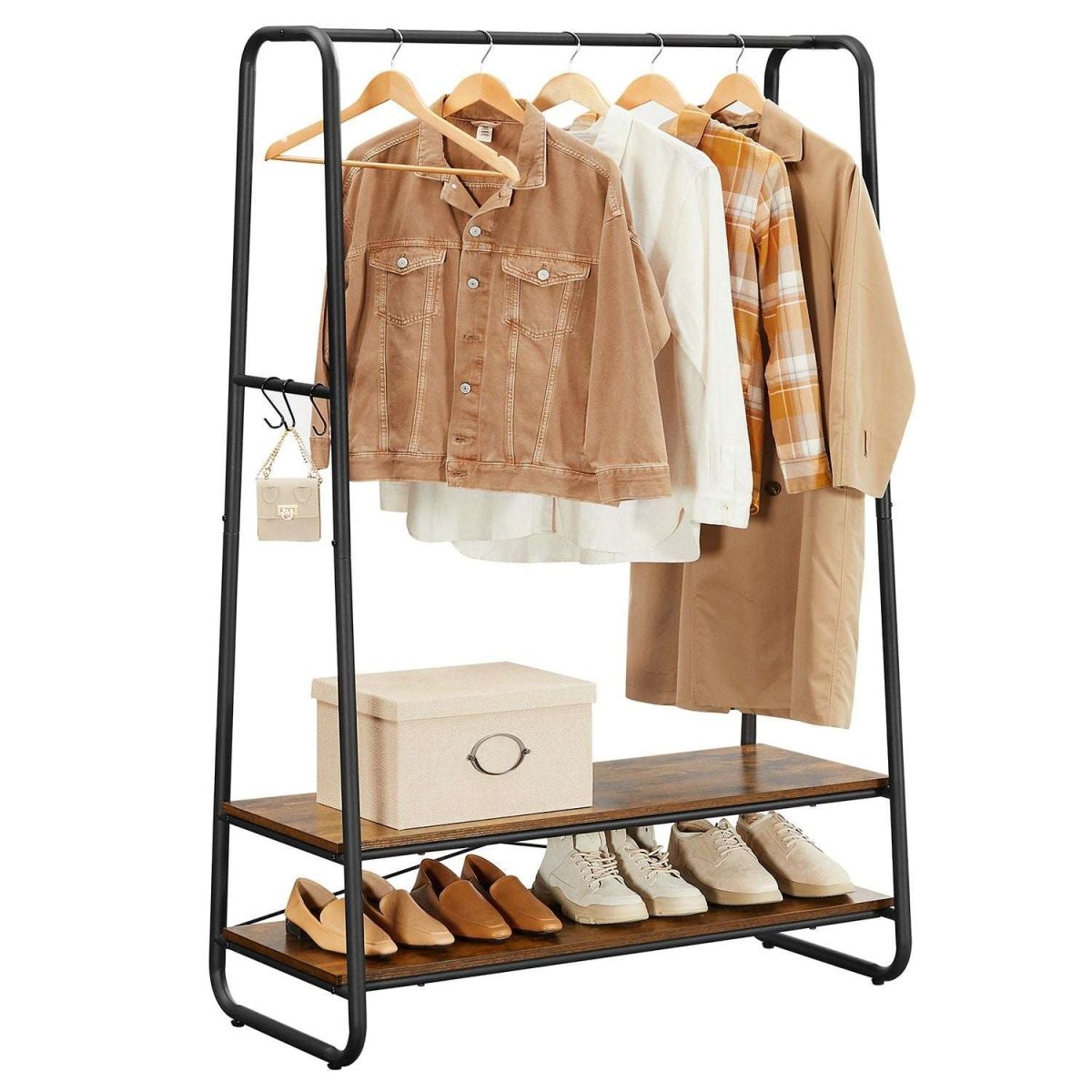 Premium Stahl Kleiderständer 130kg – Michael - Stehend mit 2 Holzablagen - nestful