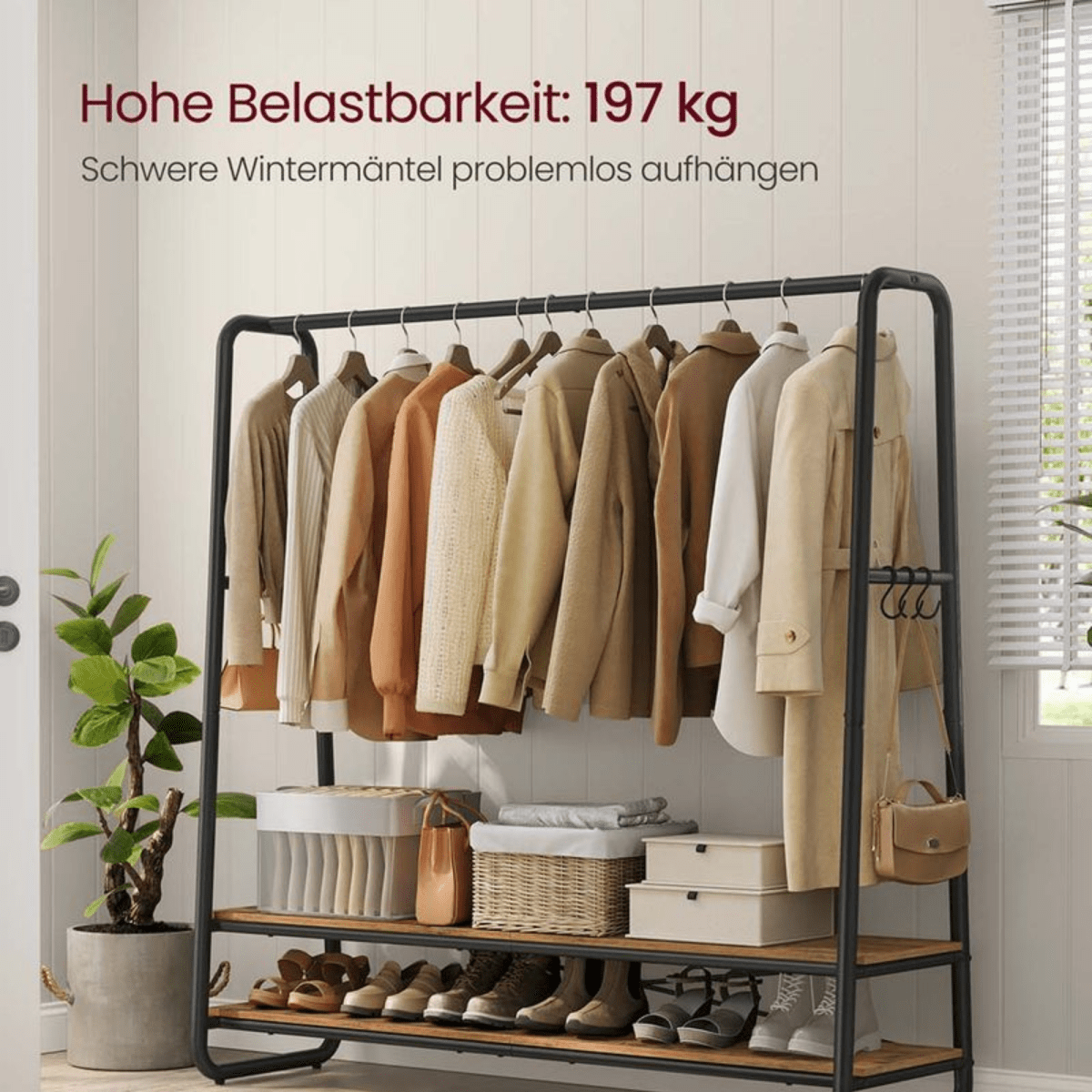 Premium Stahl Kleiderständer 200kg – Jonas - Stehend mit 2 Holzablagen - nestful