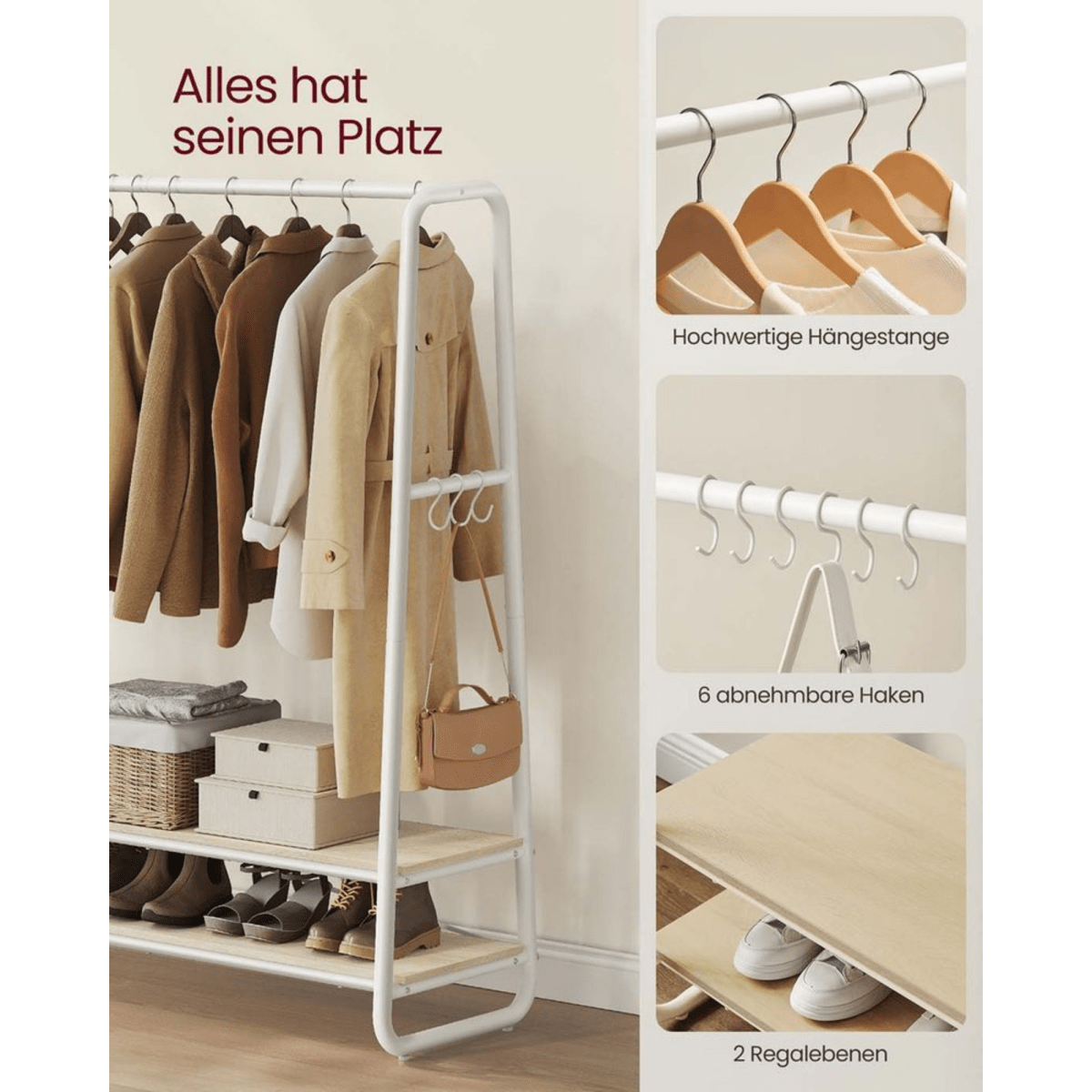 Premium Stahl Kleiderständer 200kg – Jonas - Stehend mit 2 Holzablagen - nestful