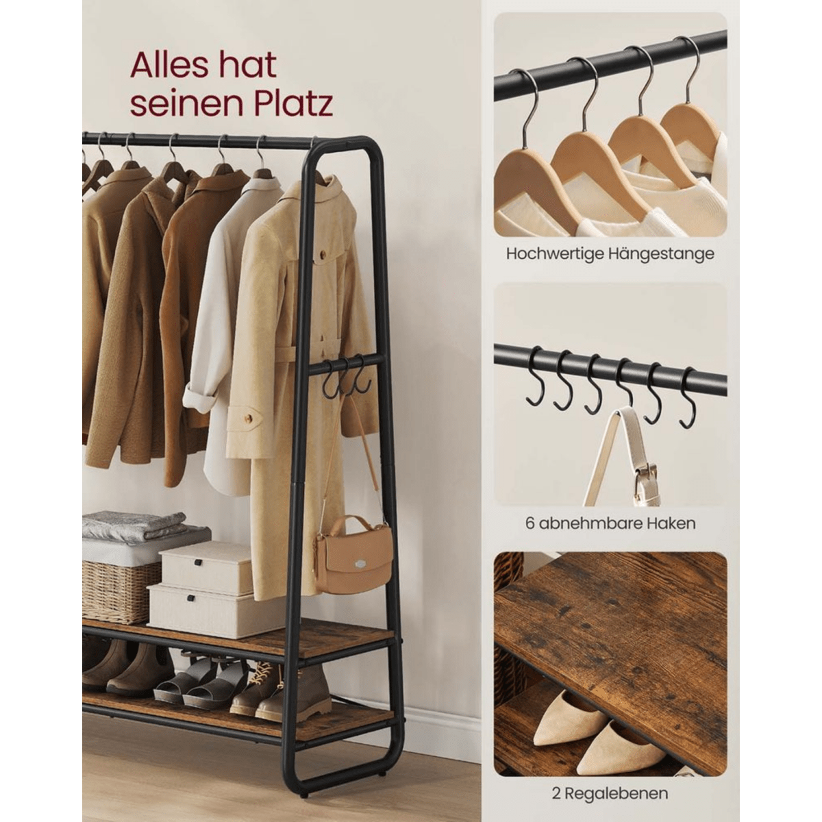 Premium Stahl Kleiderständer 200kg – Jonas - Stehend mit 2 Holzablagen - nestful