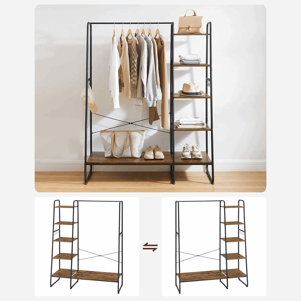 Premium Stahl Kleiderständer 220kg – Daniel - Stehend mit 6 Holzablagen - nestful