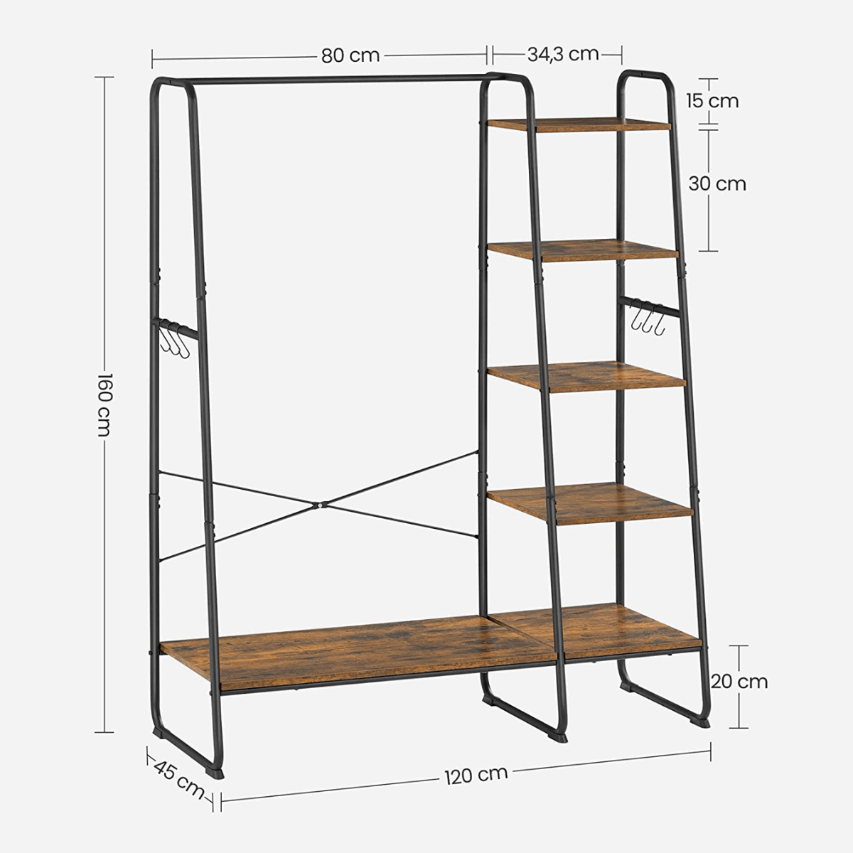 Premium Stahl Kleiderständer 220kg – Daniel - Stehend mit 6 Holzablagen - nestful