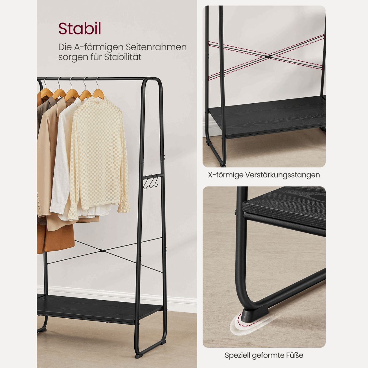 Premium Stahl Kleiderständer 220kg – Daniel - Stehend mit 6 Holzablagen - nestful