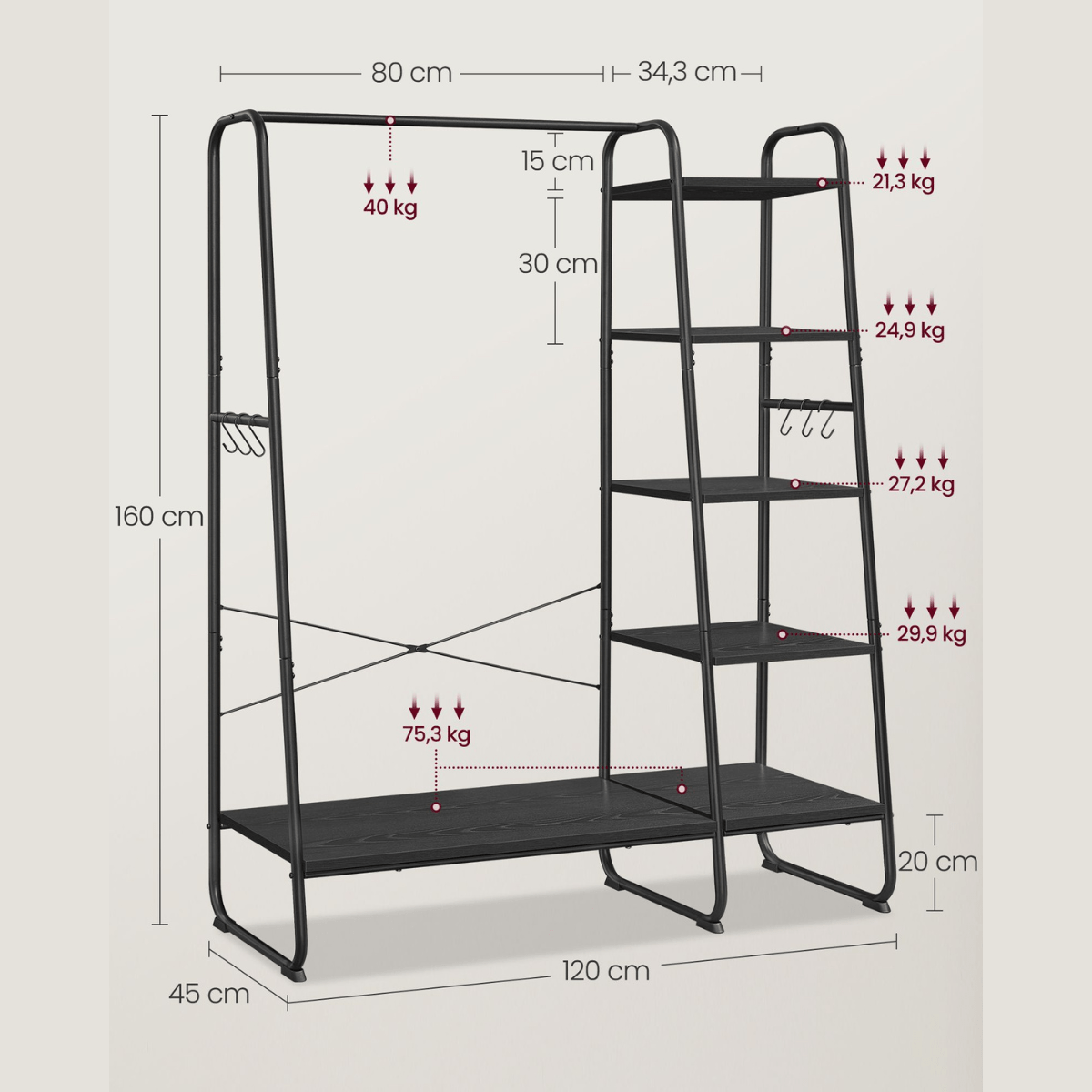 Premium Stahl Kleiderständer 220kg – Daniel - Stehend mit 6 Holzablagen - nestful