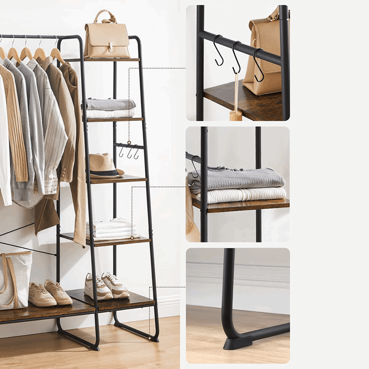 Premium Stahl Kleiderständer 220kg – Daniel - Stehend mit 6 Holzablagen - nestful