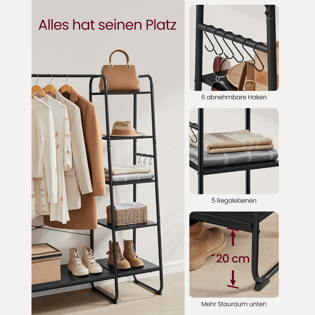 Premium Stahl Kleiderständer 220kg – Daniel - Stehend mit 6 Holzablagen - nestful