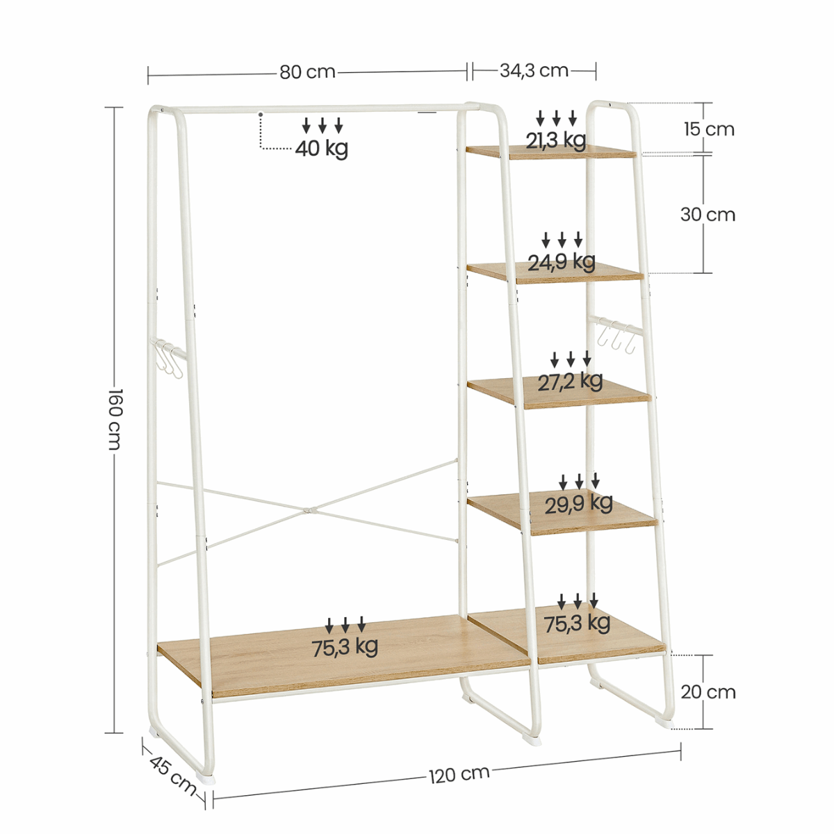 Premium Stahl Kleiderständer 220kg – Daniel - Stehend mit 6 Holzablagen - nestful