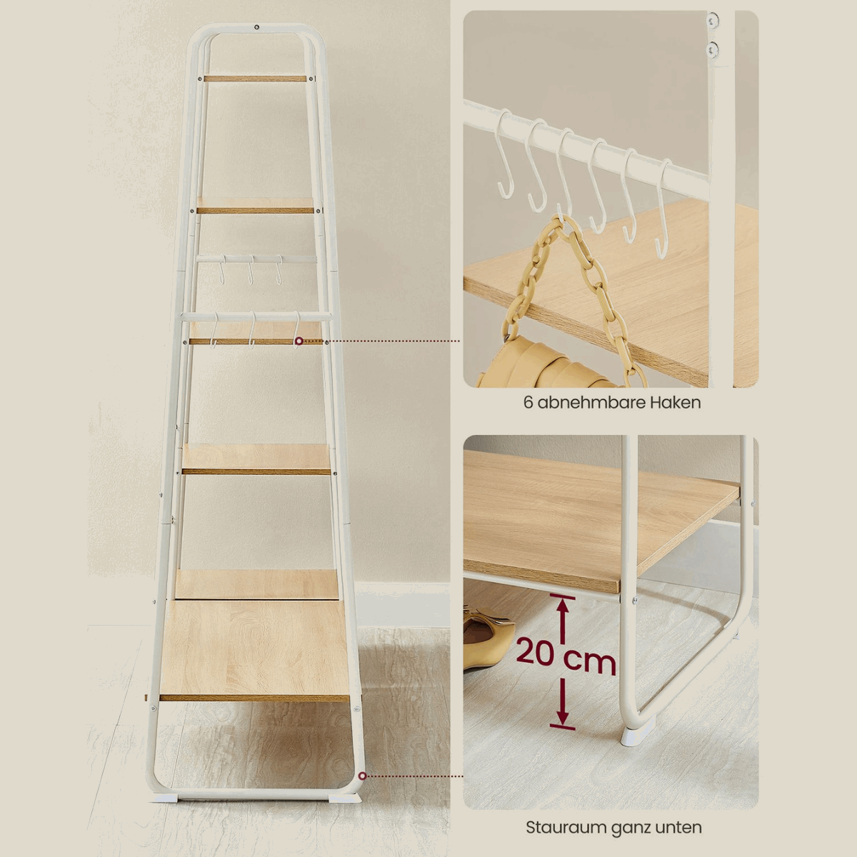 Premium Stahl Kleiderständer 220kg – Daniel - Stehend mit 6 Holzablagen - nestful