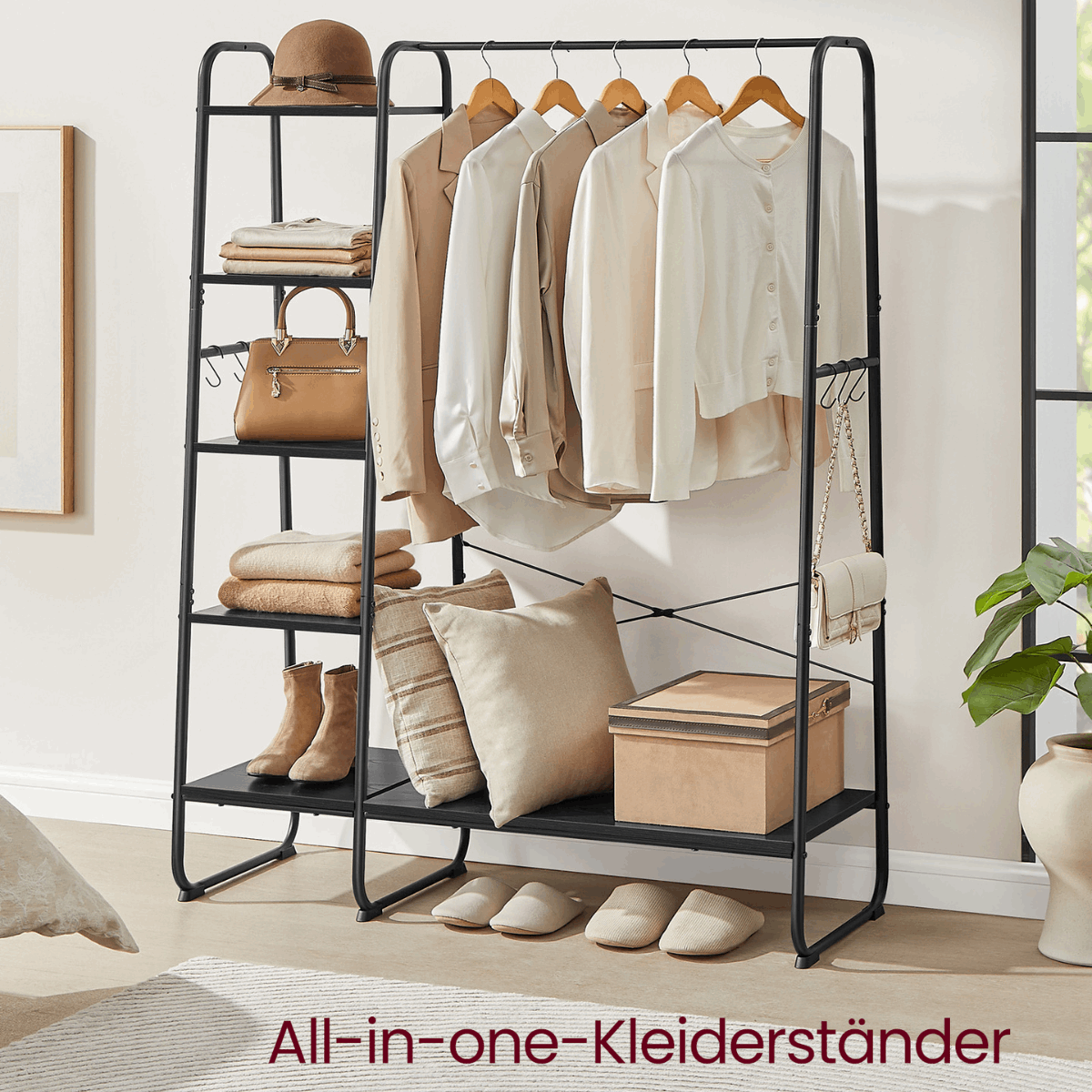 Premium Stahl Kleiderständer 220kg – Daniel - Stehend mit 6 Holzablagen - nestful
