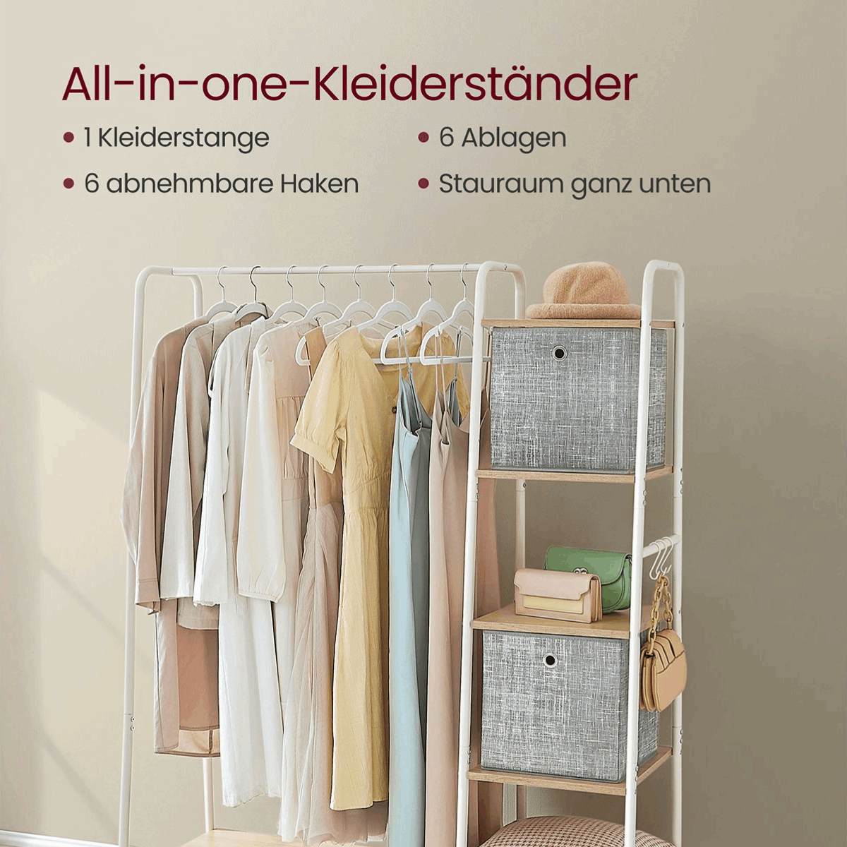 Premium Stahl Kleiderständer 220kg – Daniel - Stehend mit 6 Holzablagen - nestful