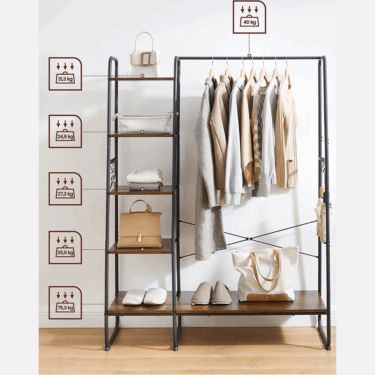 Premium Stahl Kleiderständer 220kg – Daniel - Stehend mit 6 Holzablagen - nestful