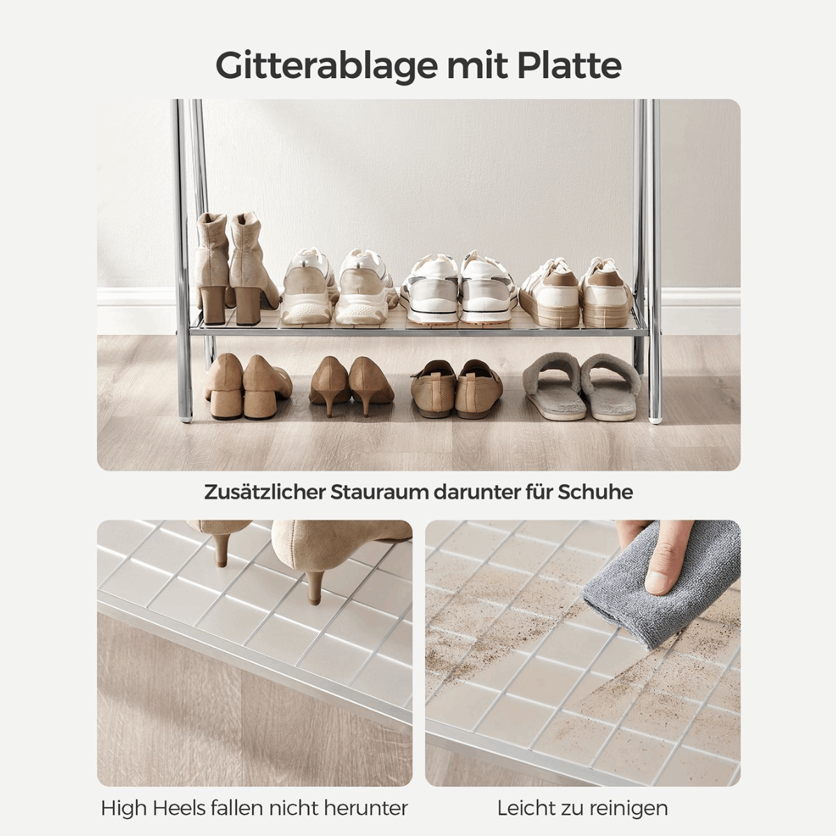 Premium Stahl Kleiderständer 40kg – Henry - Stehend mit Ablage - nestful