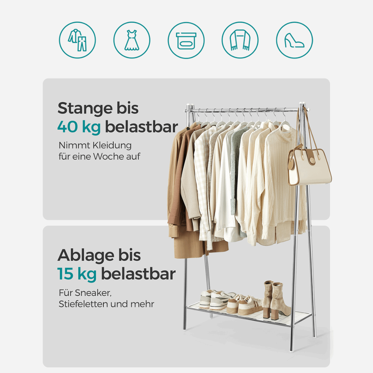 Premium Stahl Kleiderständer 40kg – Henry - Stehend mit Ablage - nestful