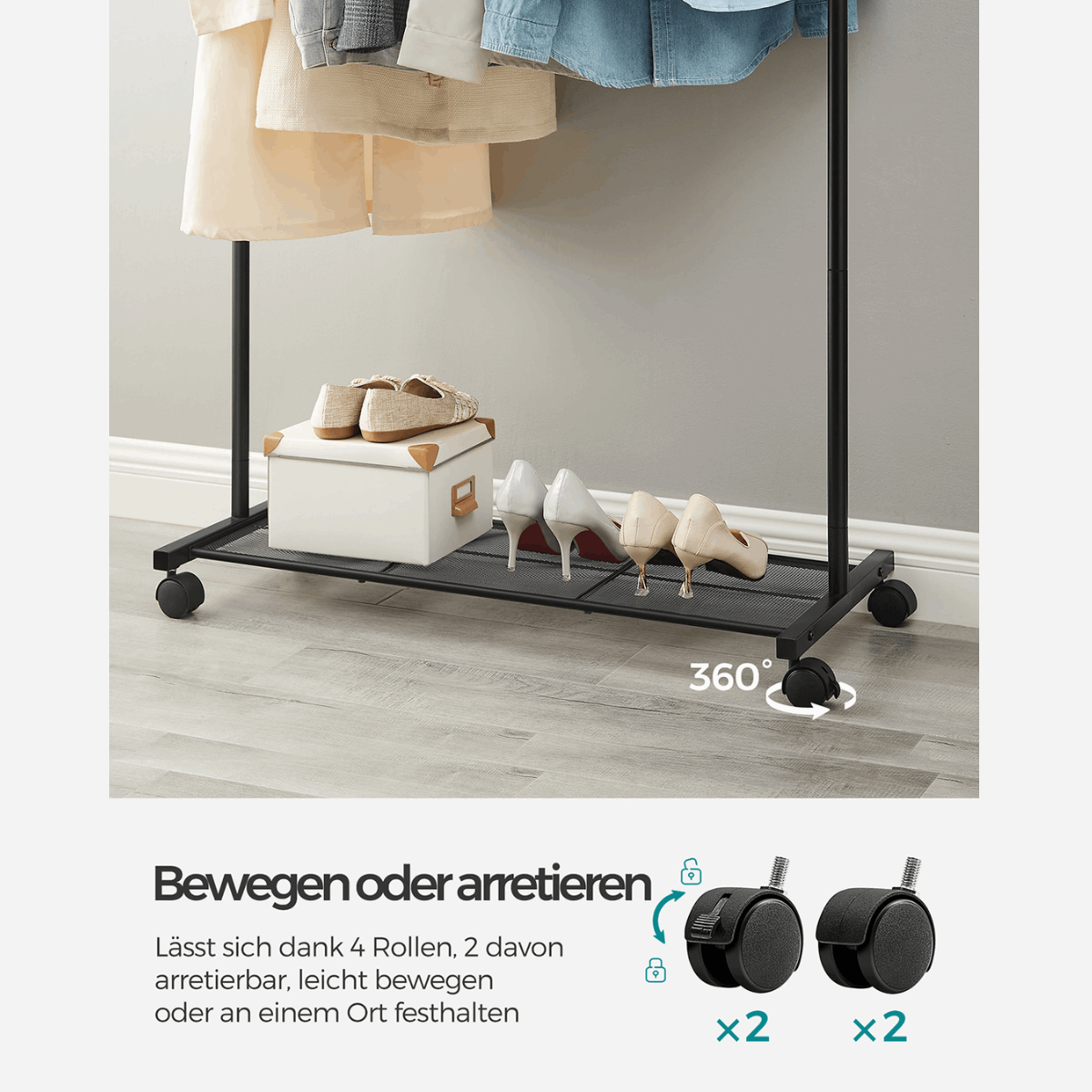 Premium Stahl Kleiderständer 40kg – Jack - Mit Ablage und Rollen - nestful
