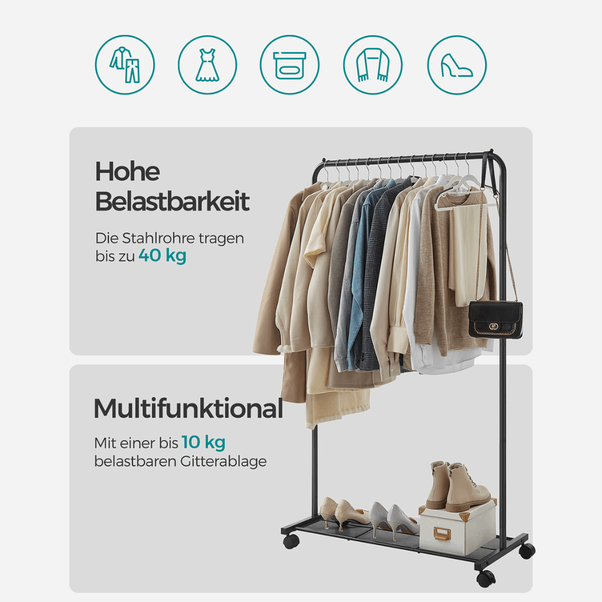 Premium Stahl Kleiderständer 40kg – Jack - Mit Ablage und Rollen - nestful