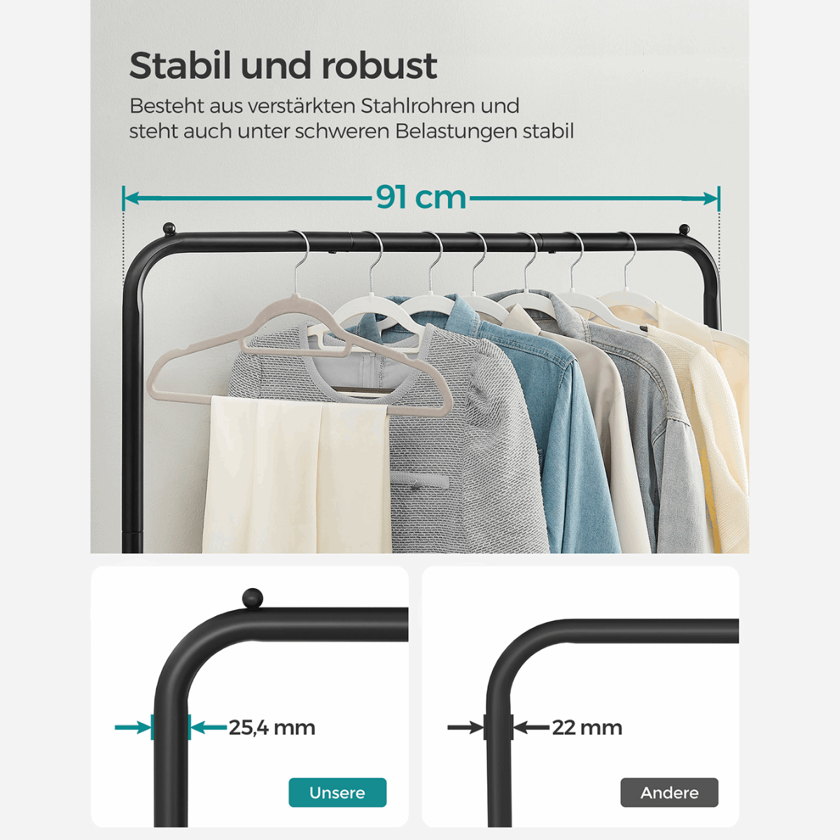 Premium Stahl Kleiderständer 40kg – Jack - Mit Ablage und Rollen - nestful