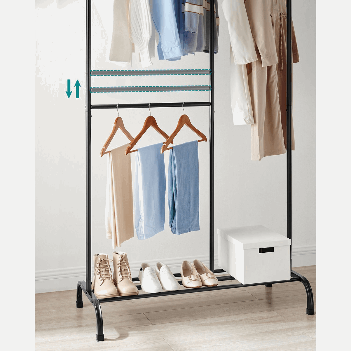 Premium Stahl Kleiderständer 70kg – Paul - Stehend mit Schuhablage - nestful