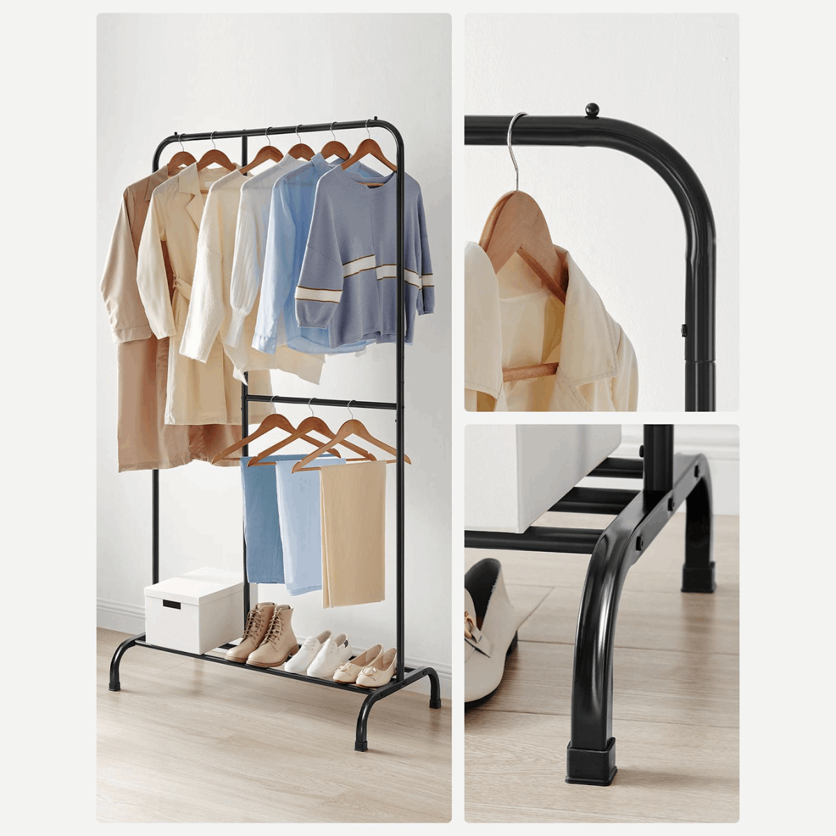 Premium Stahl Kleiderständer 70kg – Paul - Stehend mit Schuhablage - nestful