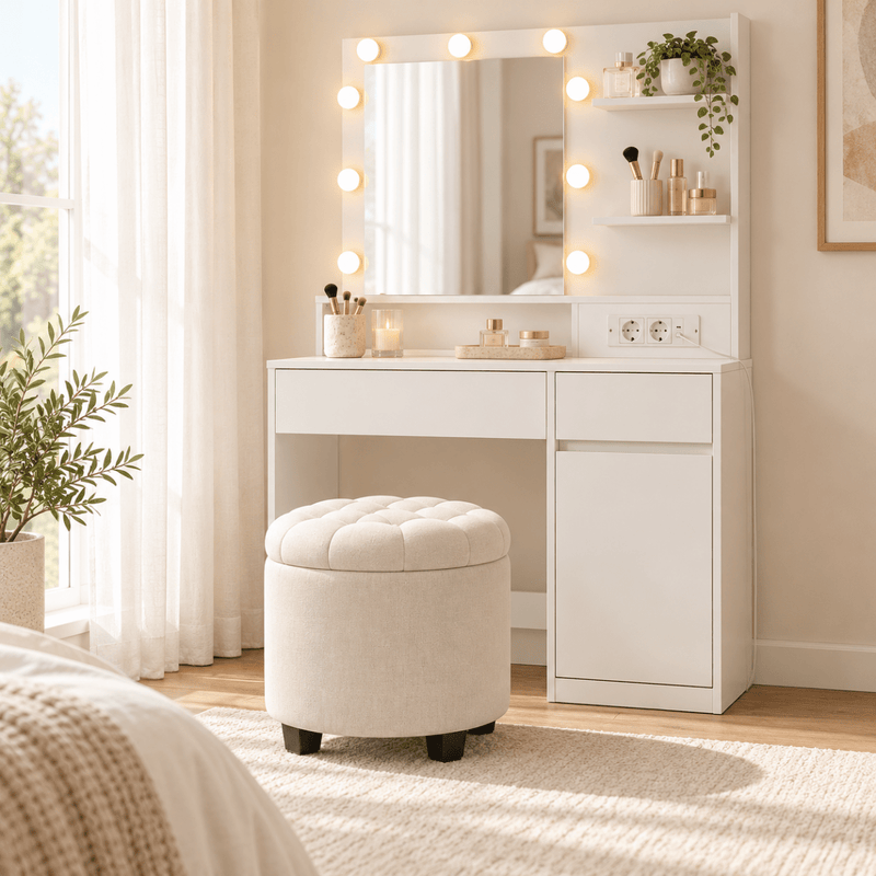 Schminkhocker Estelle – mit Stauraum und Stoffbezug - nestful