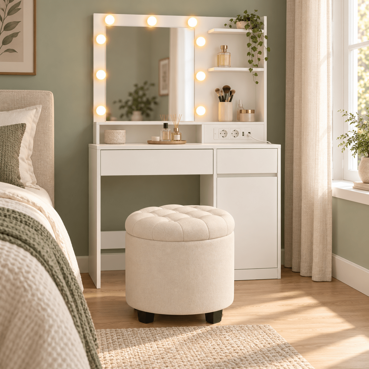Schminkhocker Estelle – mit Stauraum und Stoffbezug - nestful