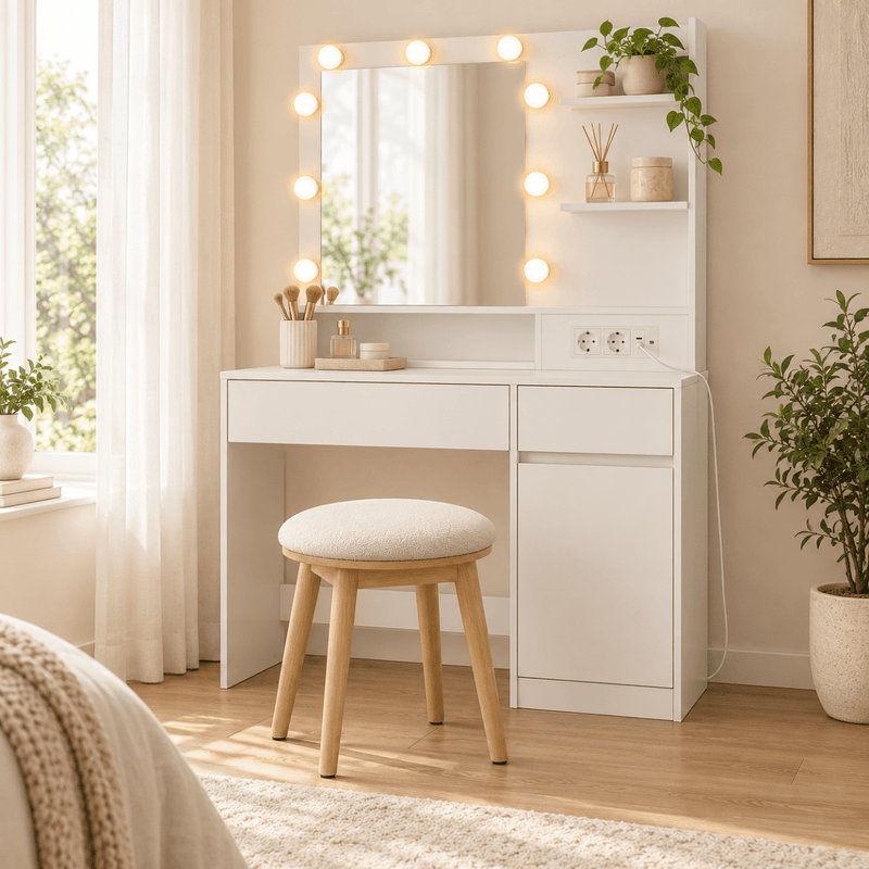 Schminkhocker Fiona – mit Bouclé-Bezug und Holzbeinen - nestful