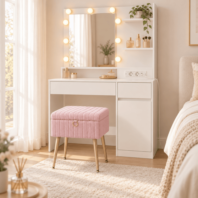 Schminkhocker Kiara – mit Stauraum und Metallbeinen - nestful