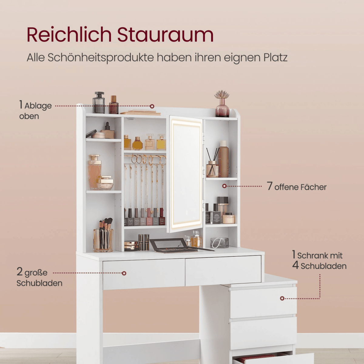 Schminktisch - Clara - in Wolkenweiß mit LED - Beleuchtung & Hocker - nestful